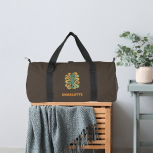 Yoga pose retro swirls name taupe brown duffle bag