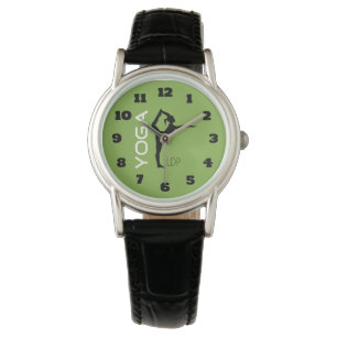Yoga Pose Silhouette on Green Background Monogram Watch