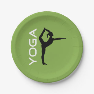 Yoga Pose Silhouette on Green Background Paper Plate