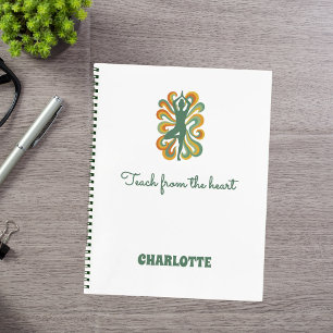 Yoga pose swirls green orange name slogan retro notebook