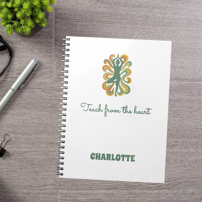 Yoga pose swirls green orange name slogan retro notebook (Creator Uploaded)