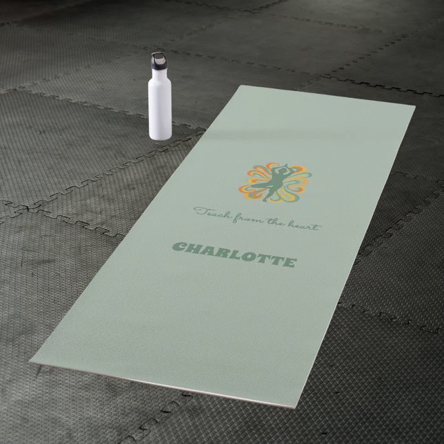 Yoga pose swirls retro green orange name slogan yoga mat (Creator Uploaded)