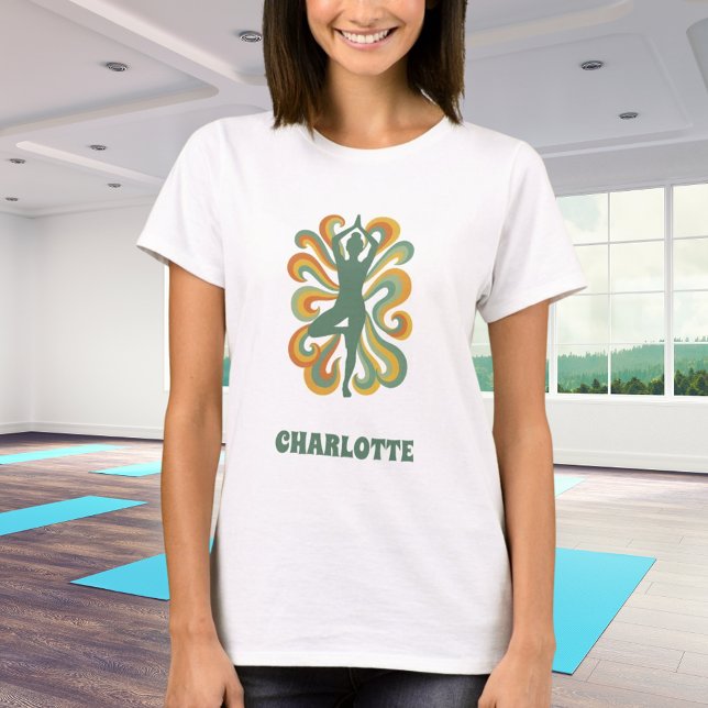Yoga pose swirls retro green orange name T-Shirt (Creator Uploaded)