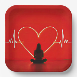Yoga Pose With Heartbeat Lines Paper Plate