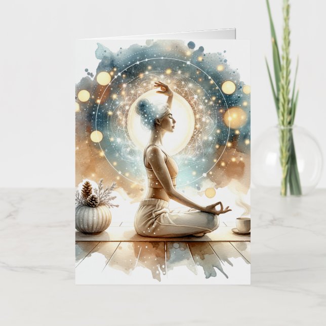 Yoga pose woman seated brown calm  foil greeting card (Front)