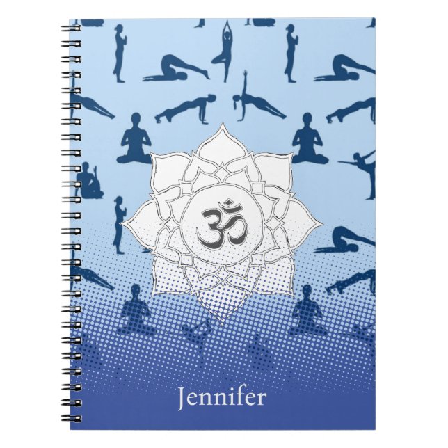 Yoga Poses And Lotus Flower On Blue Notebook (Front)