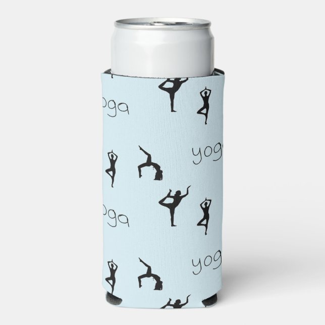 Yoga poses and text pattern on blue seltzer can cooler (Seltzer Front)