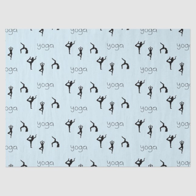 Yoga poses and text pattern on blue tissue paper (Front)