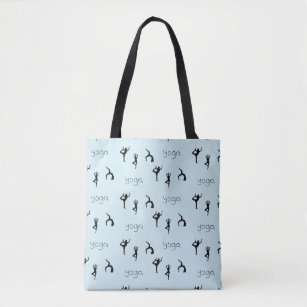Yoga poses and text pattern on blue tote bag