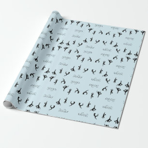 Yoga poses and text pattern on blue wrapping paper