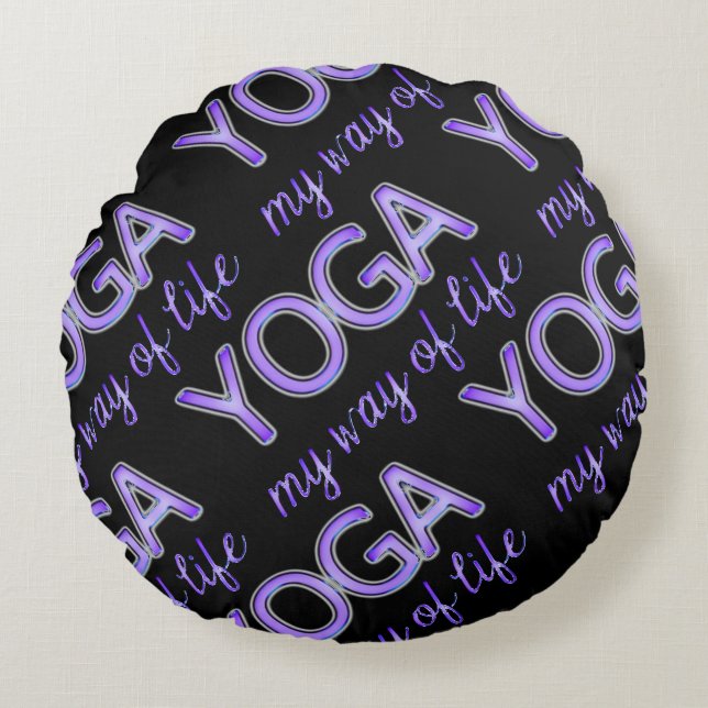 Yoga Purple Text Shiny Metallic Look Typography Round Cushion (Front)