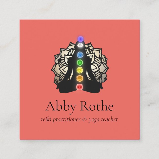 Yoga Reiki Practitioner with Chakra Gold Lotus Square Business Card (Front)