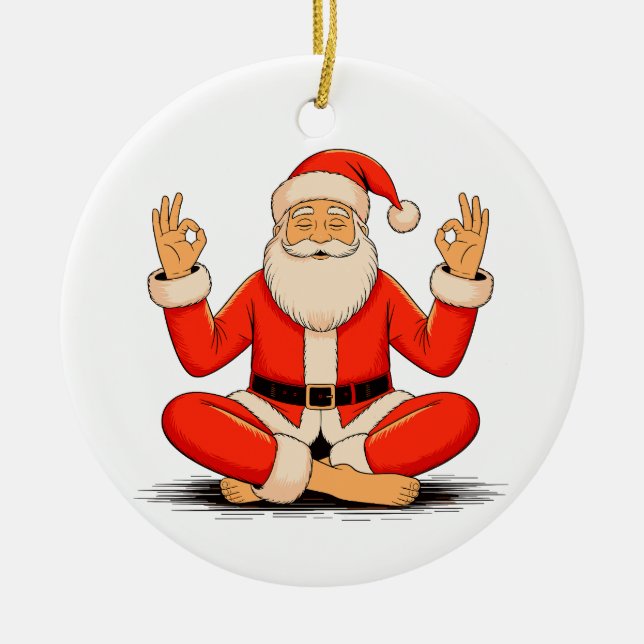 Yoga Santa Namaste Meditation Christmas Holiday Ceramic Tree Decoration (Front)