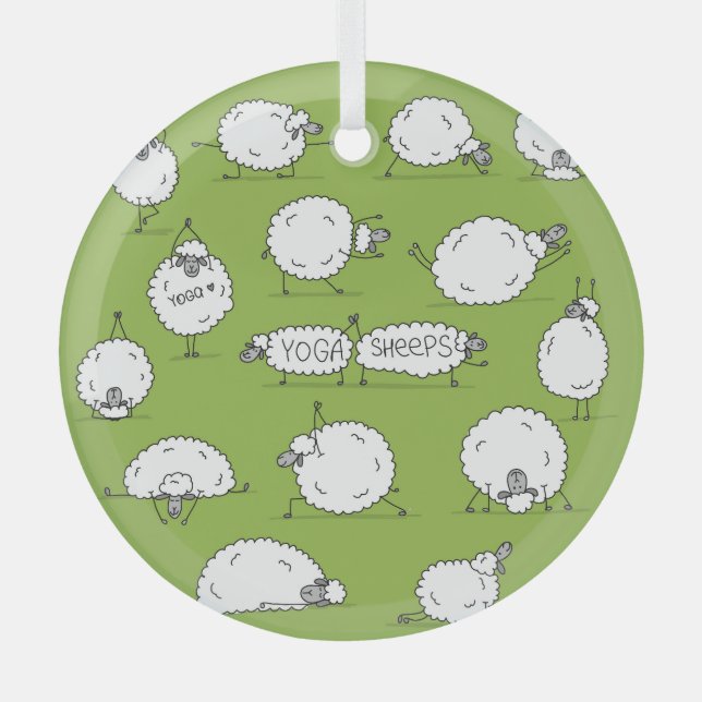 Yoga Sheep: Whimsical Sketch Fun. Glass Tree Decoration (Front)