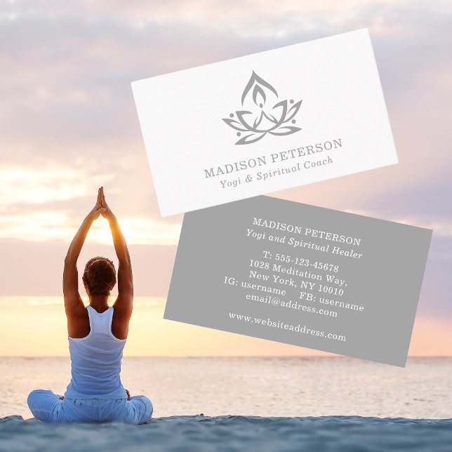 Yoga Spiritual Coach Lotus Simple Modern Silver Business Card (Creator Uploaded)