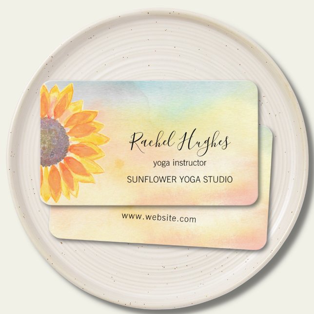 Yoga Studio Instructor Sunflower Watercolor Business Card (Creator Uploaded)