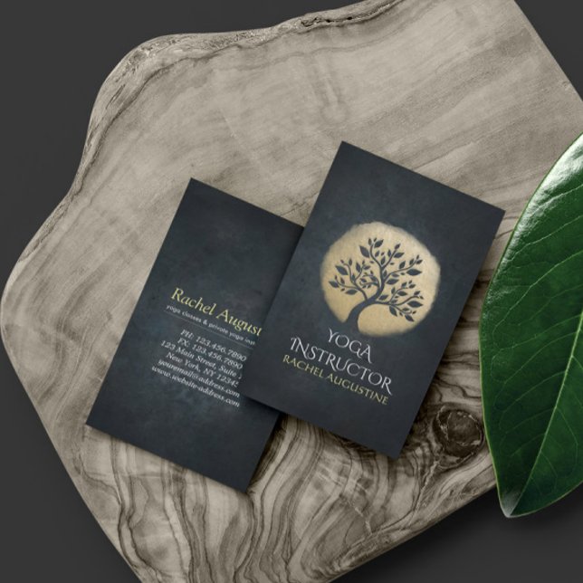 Yoga Studio Meditation Instructor Black Gold Tree Business Card (Creator Uploaded)