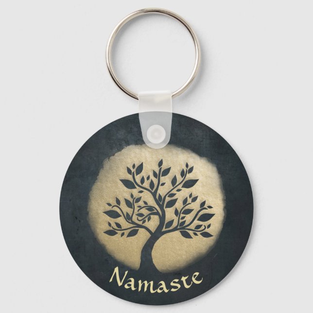 Yoga Studio Meditation Instructor Black Gold Tree Key Ring (Front)