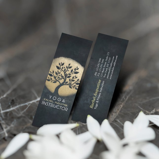 Yoga Studio Meditation Instructor Black Gold Tree Mini Business Card (Creator Uploaded)