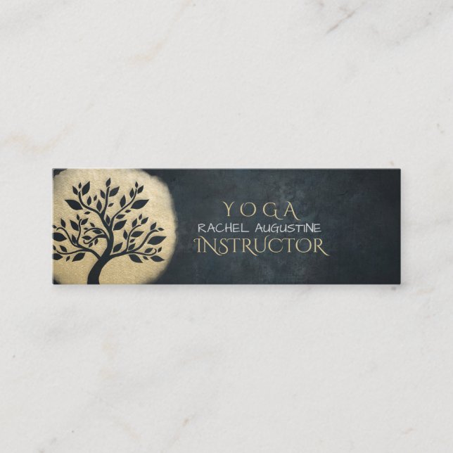 Yoga Studio Meditation Instructor Black Gold Tree Mini Business Card (Front)