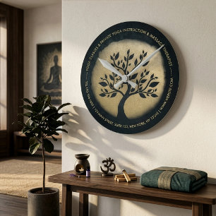 Yoga Studio Meditation Instructor Black Gold Tree Round Clock