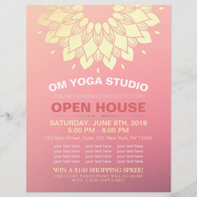 YOGA Studio Open House Gold Foil Mandala Flowers Flyer (Front)