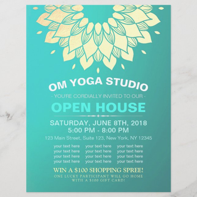 YOGA Studio Open House Gold Foil Mandala Flowers Flyer (Front)