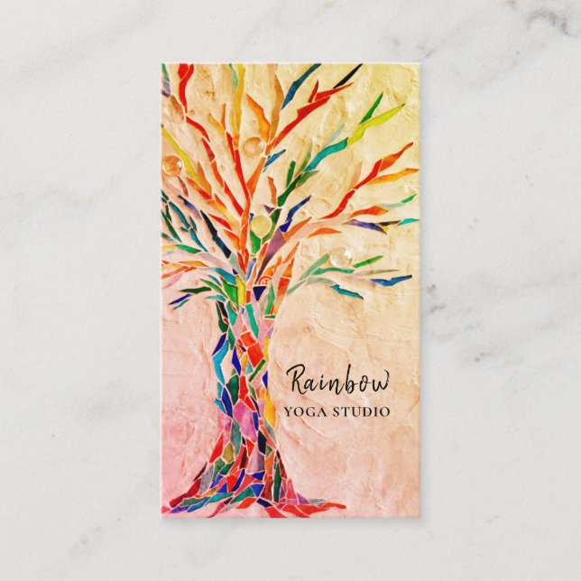 Yoga Studio Rainbow Tree Beige Business Card (Front)