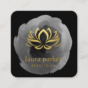 Yoga Teacher Black Gold Lotus Art Logo Healing Square Business Card