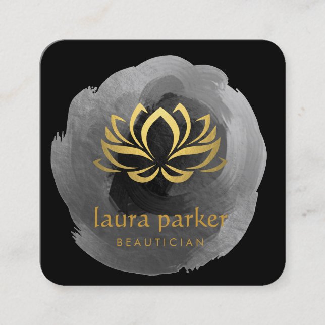 Yoga Teacher Black Gold Lotus Art Logo Healing Square Business Card (Front)