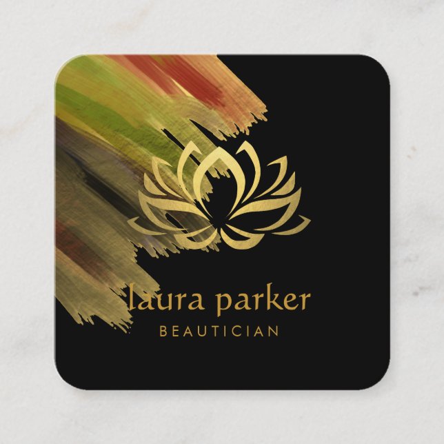 Yoga Teacher Lotus Flower Gold Art Logo Holistic Square Business Card (Front)