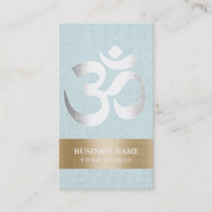 Yoga Teacher Silver Om Sign Light Blue Linen Business Card