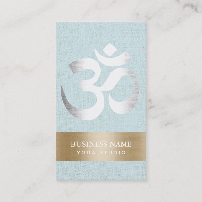 Yoga Teacher Silver Om Sign Light Blue Linen Business Card (Front)