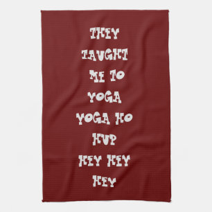 Yoga theme fun text design wine red plum yoga   tea towel