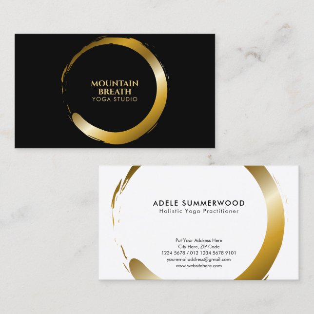 Yoga Theme Golden Enso Circle Motif Black Business Card (Front/Back)