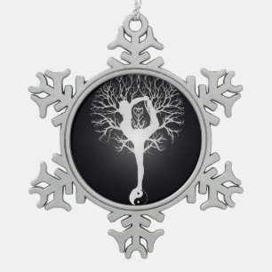 Yoga Tree in Black and White Snowflake Pewter Christmas Ornament