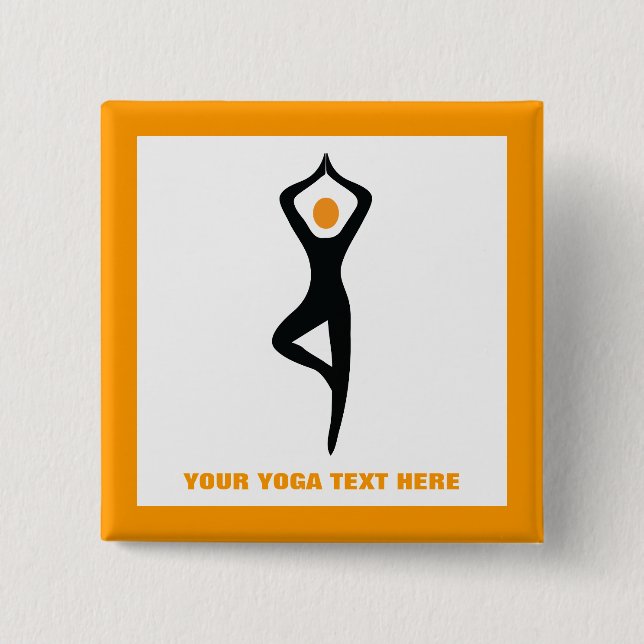 Yoga tree pose black, orange custom 15 cm square badge (Front)