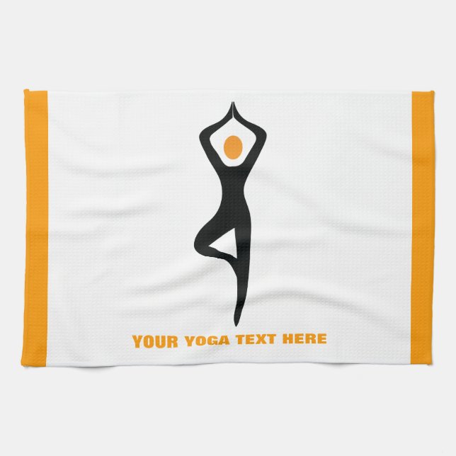 Yoga tree pose black, orange custom tea towel (Horizontal)