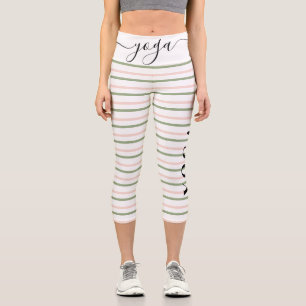 Yoga Typography Pink and Green Stripes Capri Leggings