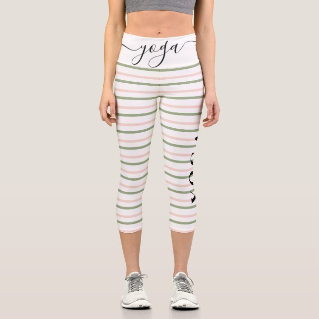 Yoga Typography Pink and Green Stripes Capri Leggings (Front)