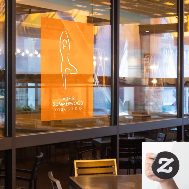 Yoga Vrksasana Line Art Symbol on Orange Window Cling (Restaurant Window)