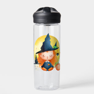Yoga Witch and Cat Watercolor Halloween Water Bottle
