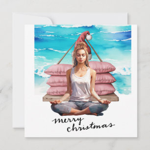 Yoga Woman  at Beach Christmas themed Holiday Card