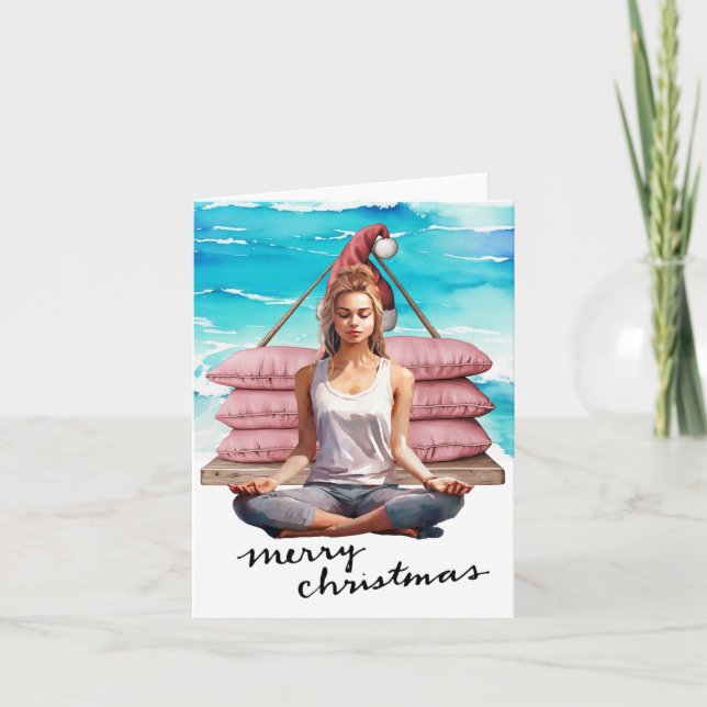 Yoga Woman  at Beach Christmas themed Holiday Card (Front)