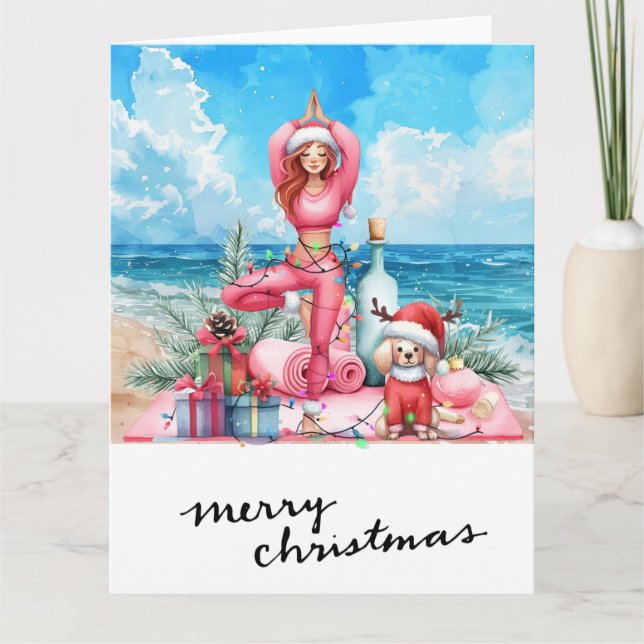 Yoga Woman with Gift at Beach Christmas themed Card (Front)