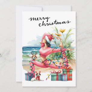 Yoga Woman with Gift at Beach Christmas themed Holiday Card