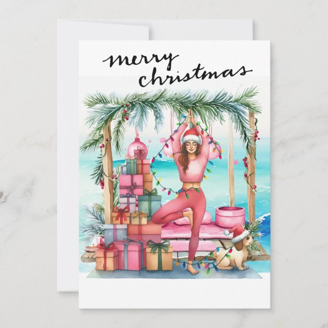 Yoga Woman with Gift at Beach Christmas themed Holiday Card (Front)
