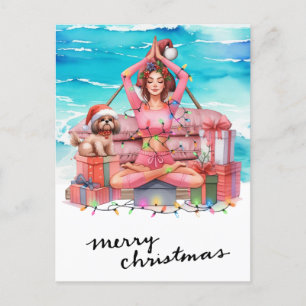 Yoga Woman with Gift at Beach Christmas themed Holiday Postcard