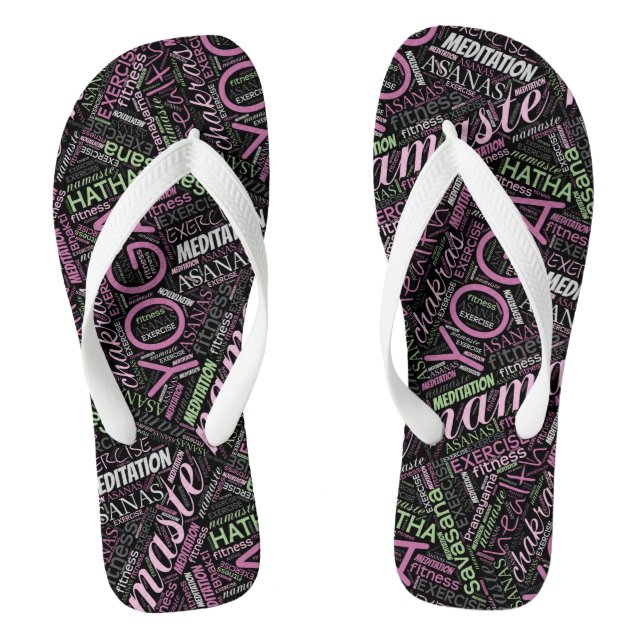 Yoga Word Cloud Plum/Green ID254 Flip Flops (Footbed)