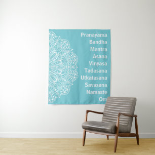 Yoga Words White Mandala Tapestry